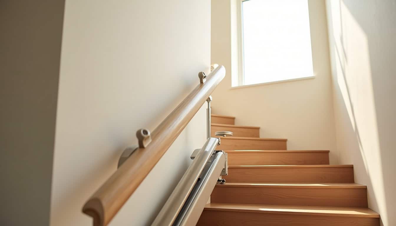 Monte-escalier tournant installé sur un escalier intérieur avec virage et palier