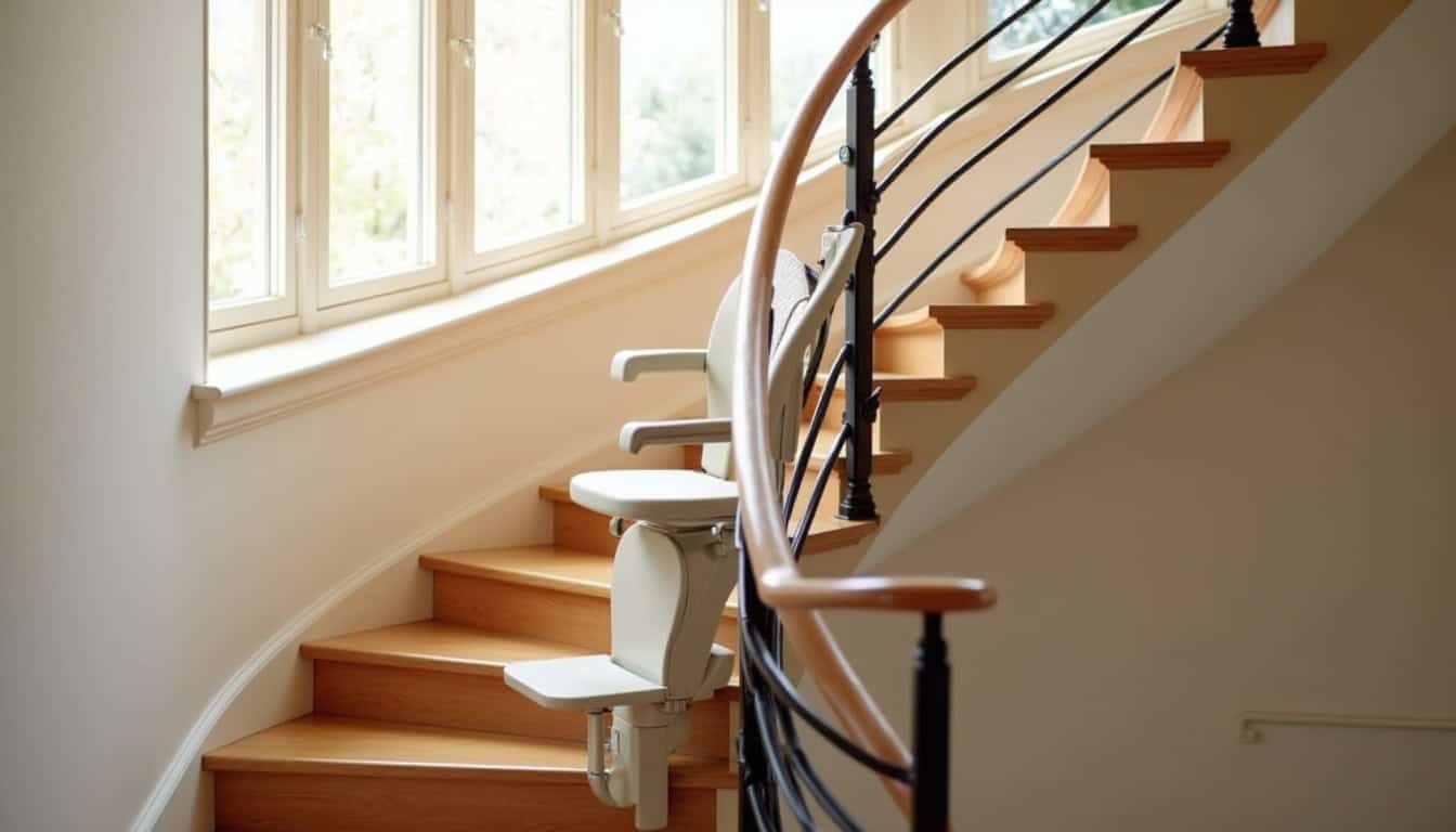 Monte-escalier tournant installé sur un escalier intérieur en colimaçon avec éclairage naturel