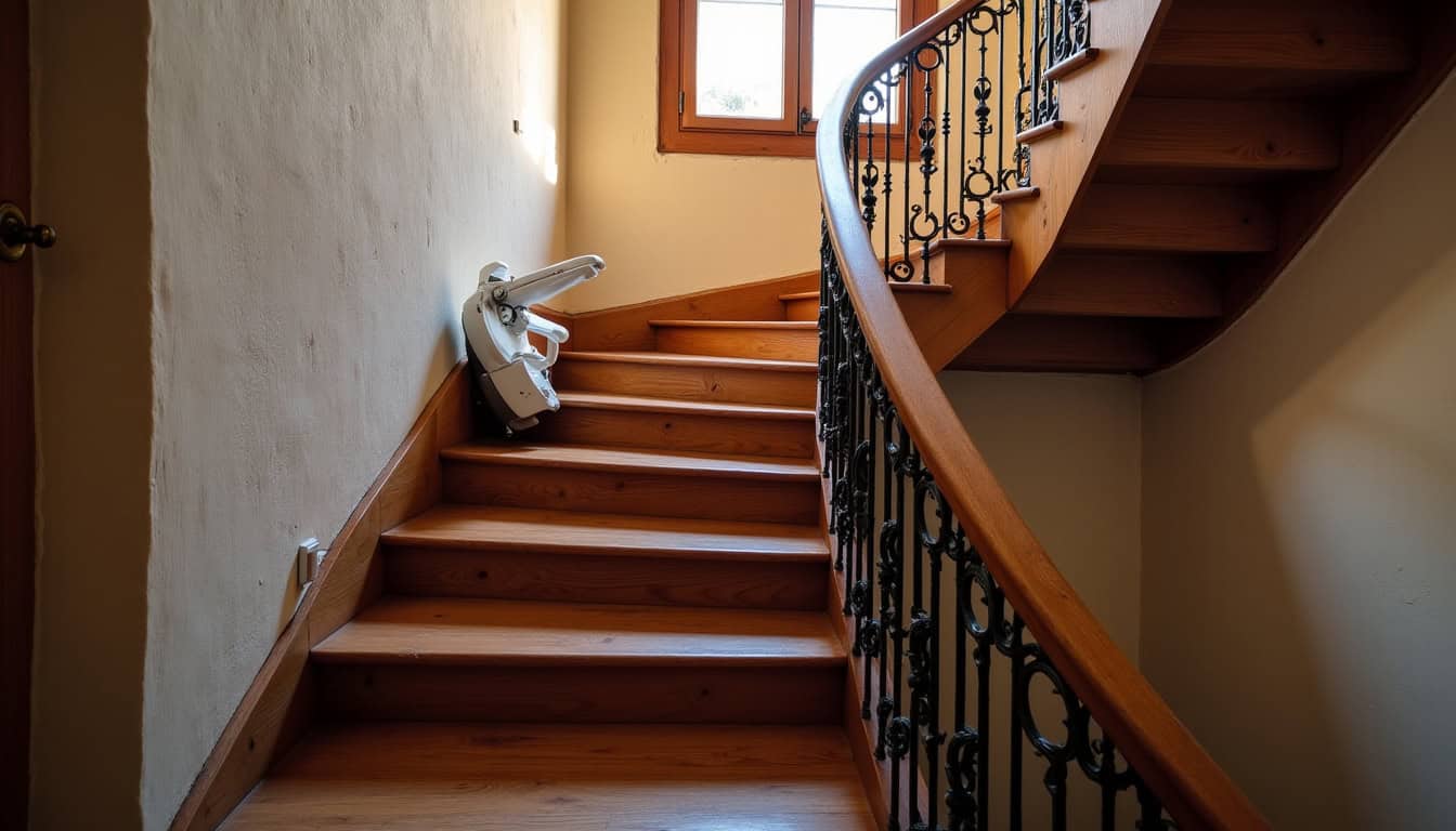 Monte-escalier tournant intégré harmonieusement dans un escalier ancien à Fougères