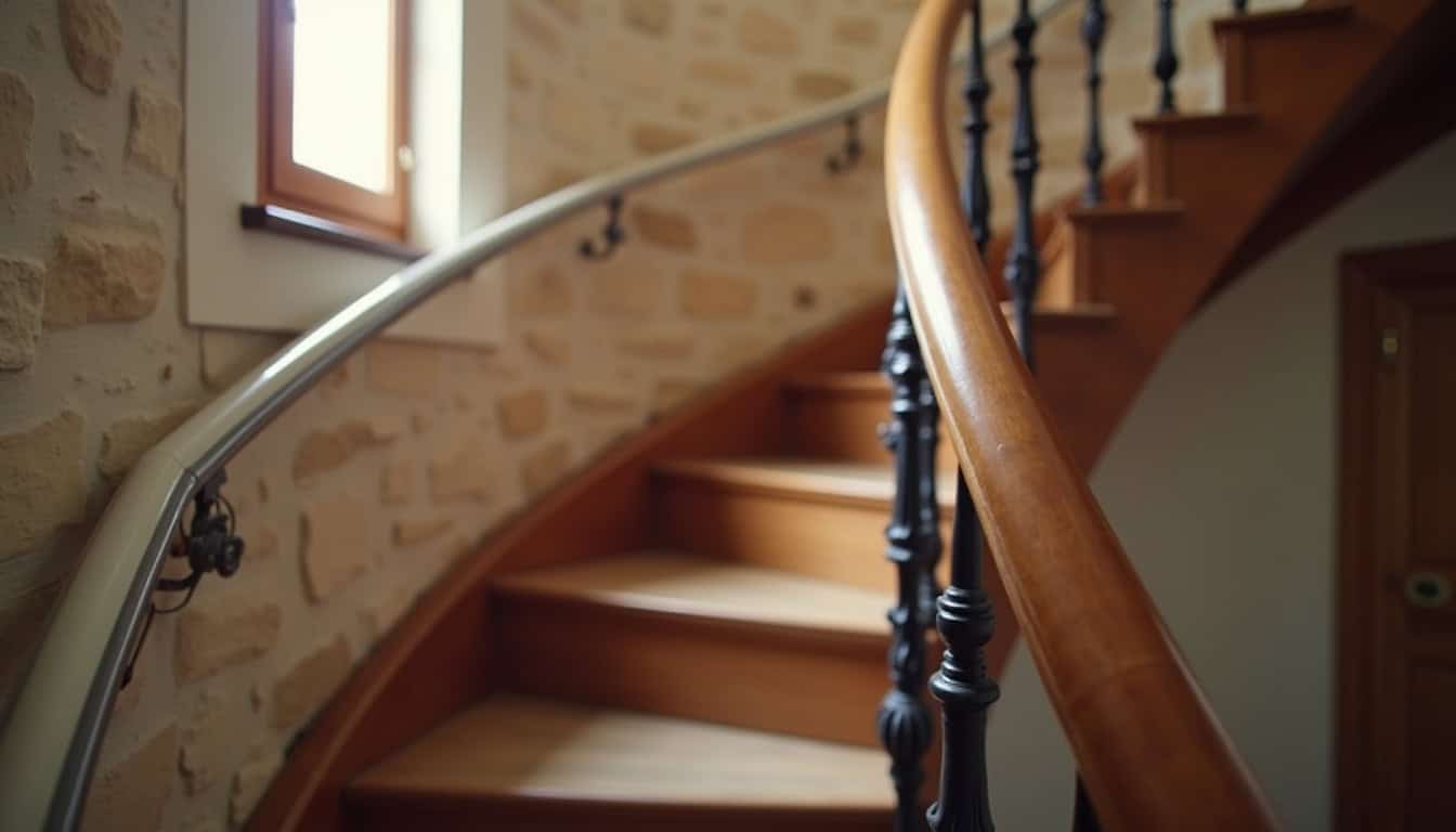 Monte-escalier tournant personnalisé avec rail courbe dans une maison ancienne de Clarafond-Arcine