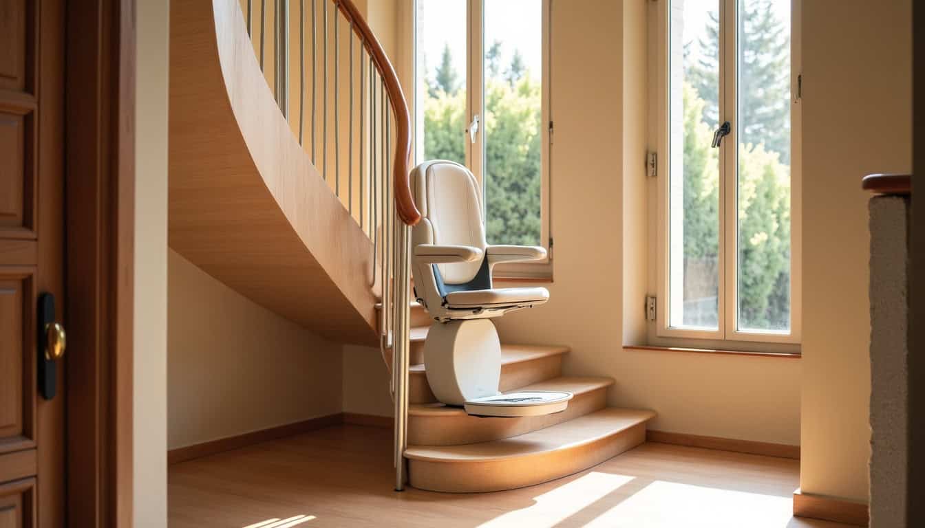 Monte-escalier tournant sur mesure installé dans une résidence niçoise avec escalier en colimaçon