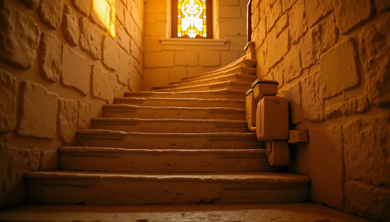 Monte-escalier tournant sur un escalier en colimaçon dans une maison ancienne