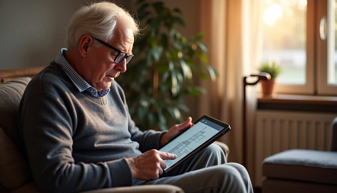 Personne âgée consultant un devis pour un monte-escalier sur tablette