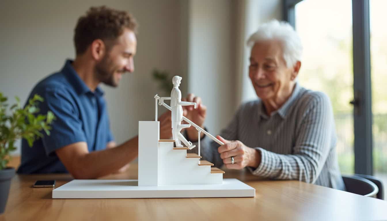 Personne âgée discutant avec un technicien autour d