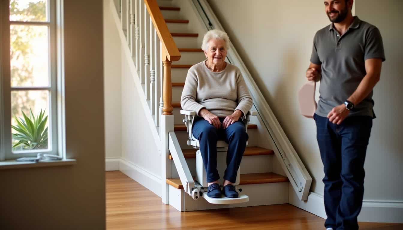 Personne âgée essayant un monte-escalier lors d’une démonstration à domicile