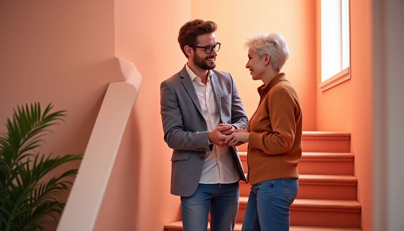 Personne âgée examinant un monte-escalier avec un technicien dans un salon
