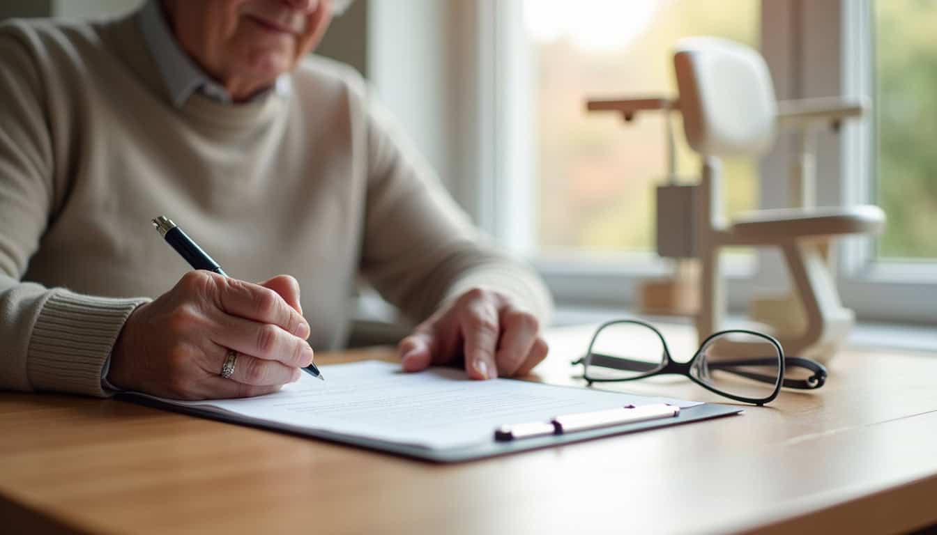 Personne âgée remplissant un dossier d’aides financières pour un monte-escalier