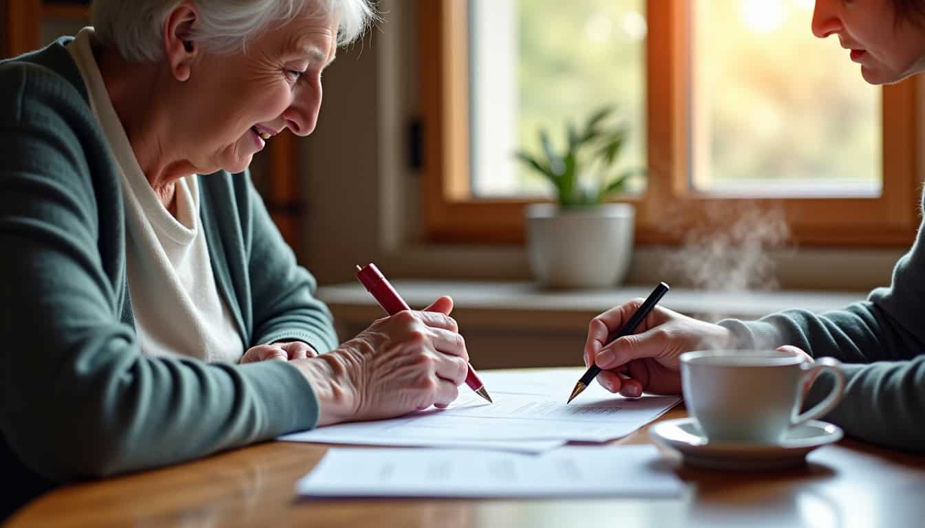 Personne âgée remplissant un formulaire d’aide avec l’appui d’un conseiller à Rodez