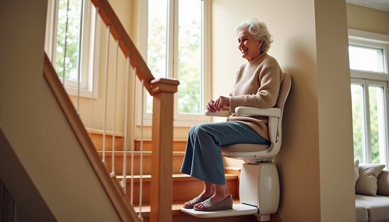 Personne âgée utilisant confortablement un monte-escalier tournant dans une maison de Vue