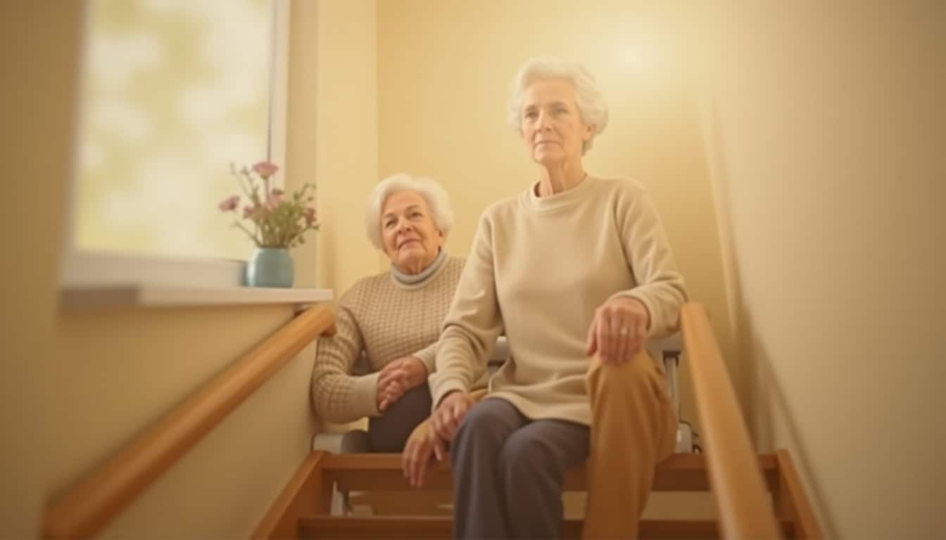 Personne âgée utilisant sereinement un monte-escalier dans sa maison