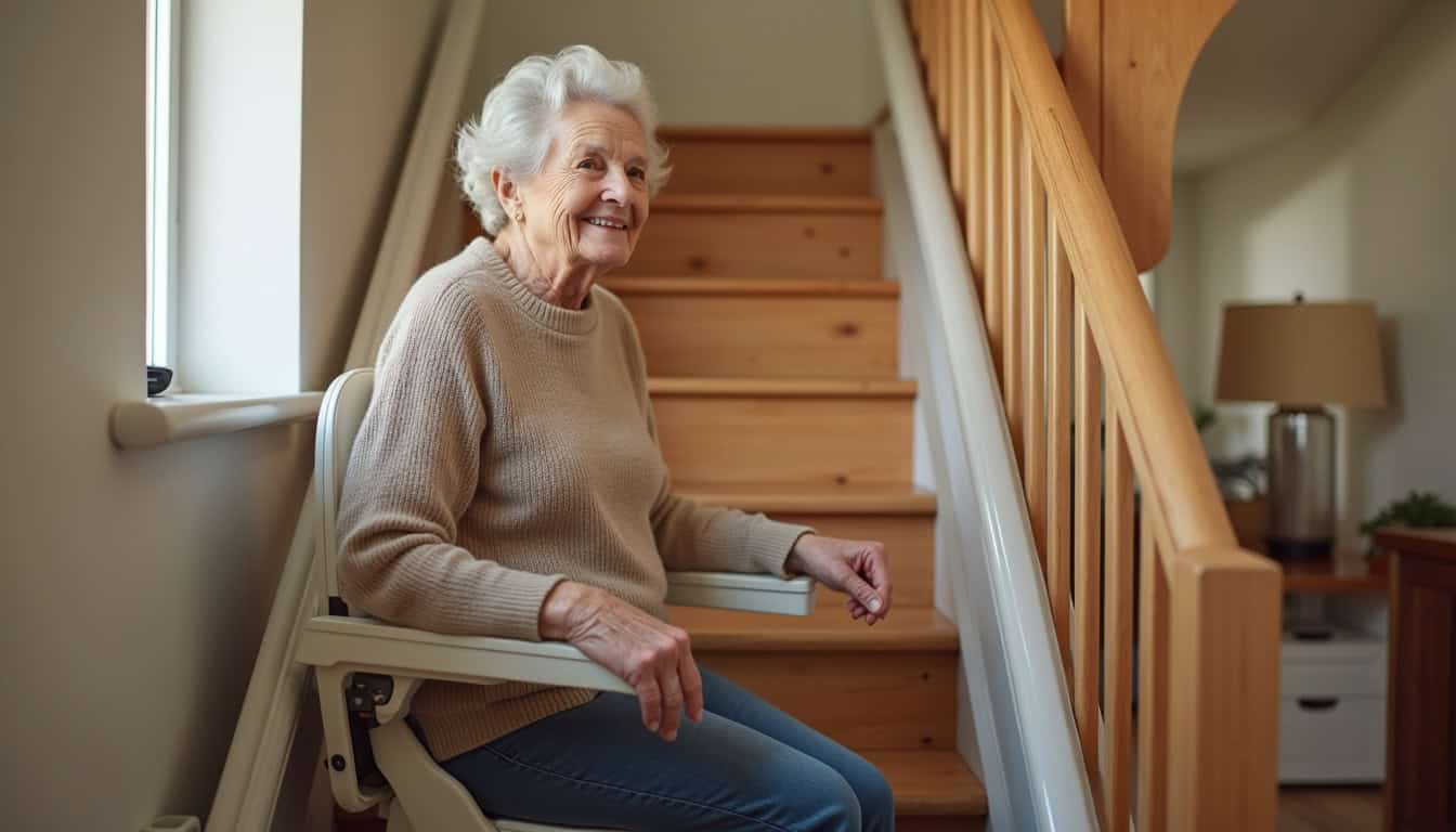Personne âgée utilisant un monte-escalier à Couëtron-au-Perche en toute sécurité