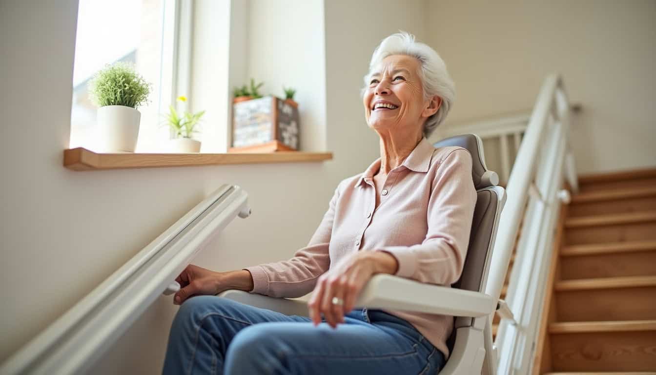 Personne âgée utilisant un monte-escalier à Vichy avec le sourire