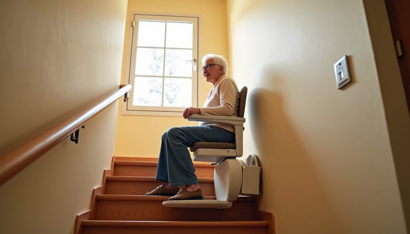 Personne âgée utilisant un monte-escalier assis dans une maison d