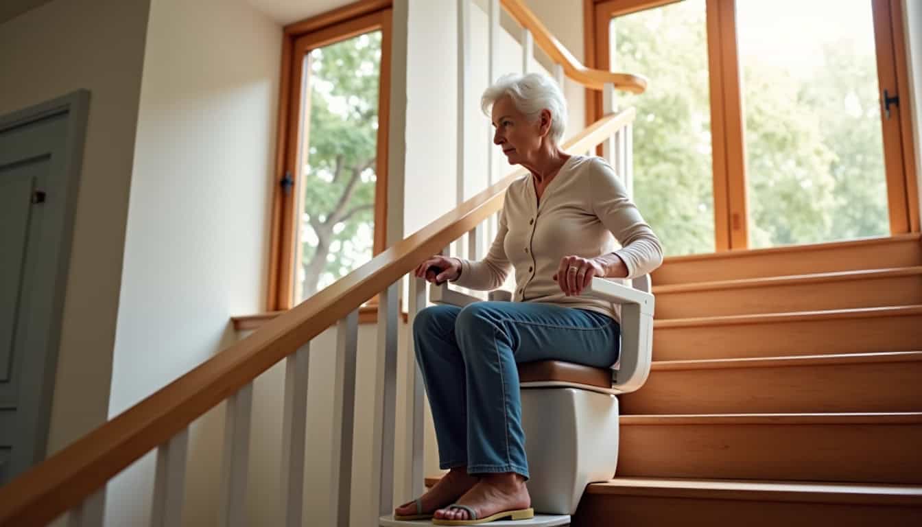 Personne âgée utilisant un monte-escalier assis sur un siège motorisé dans une maison de Roaillan