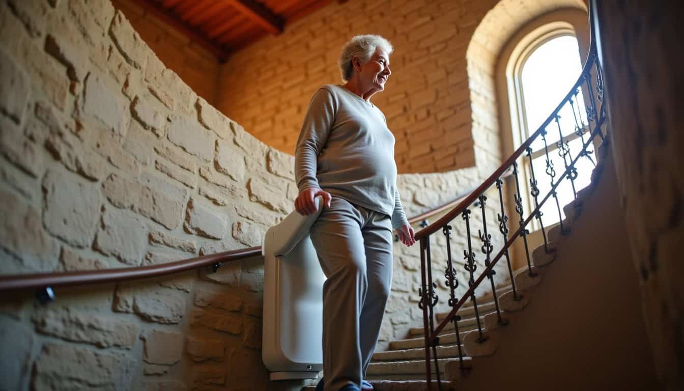 Personne âgée utilisant un monte-escalier dans un intérieur vernonnais