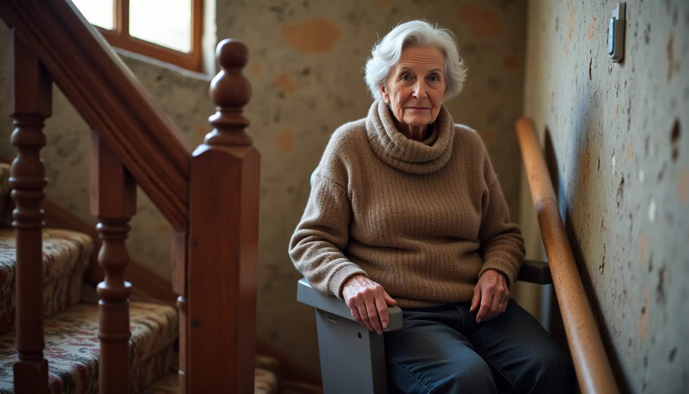 Personne âgée utilisant un monte-escalier dans une maison ancienne à Aigremont