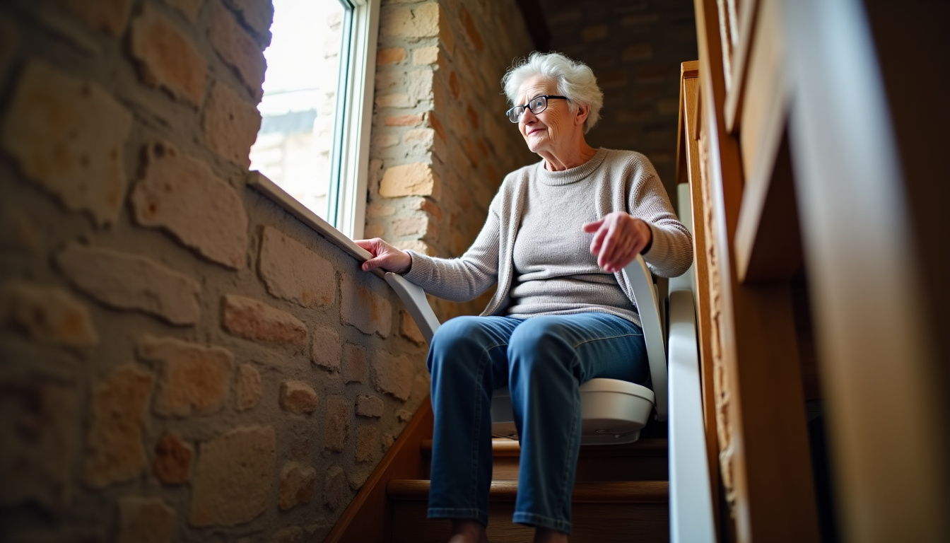 Personne âgée utilisant un monte-escalier dans une maison ancienne, assise sur le siège, main sur la commande
