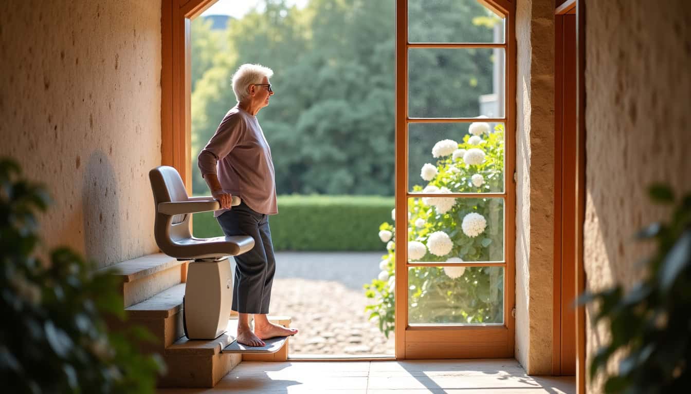 Personne âgée utilisant un monte-escalier dans une maison du Loiret avec une vue sur le jardin
