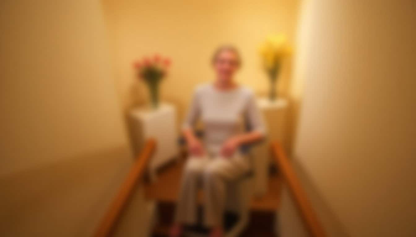Personne âgée utilisant un monte-escalier dans une maison typique d