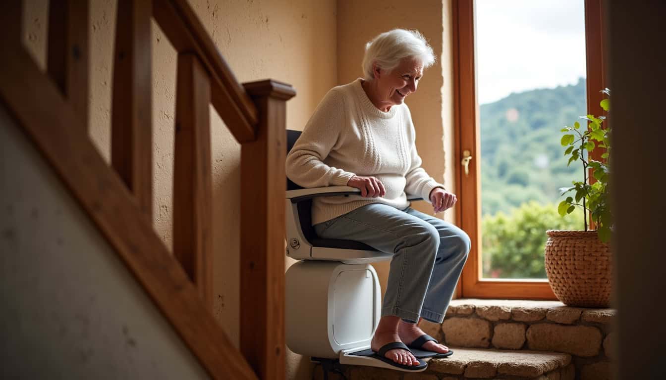 Personne âgée utilisant un monte-escalier dans une maison typique d’Anse