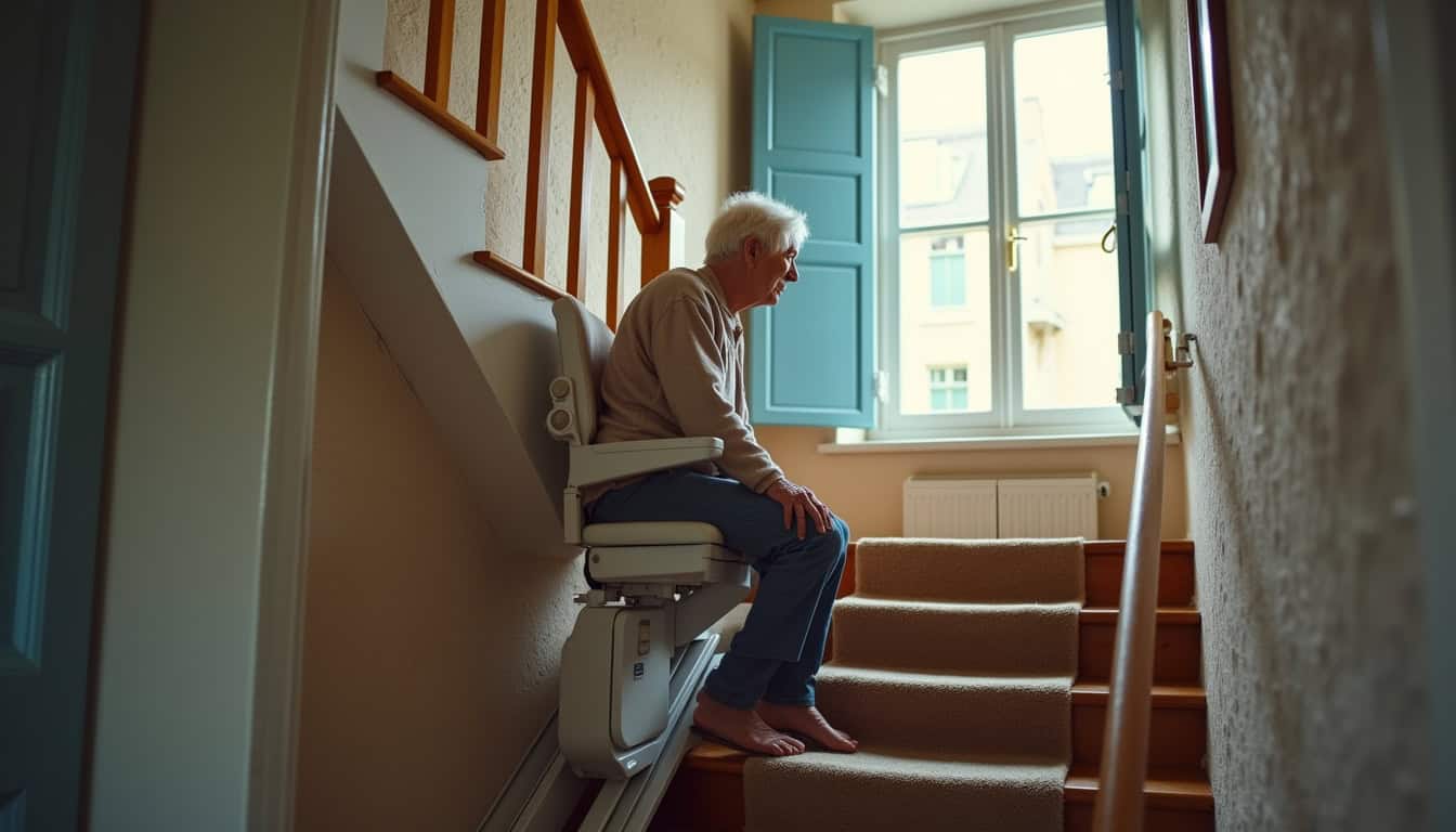 Personne âgée utilisant un monte-escalier dans une maison typique de Le Minihic-sur-Rance