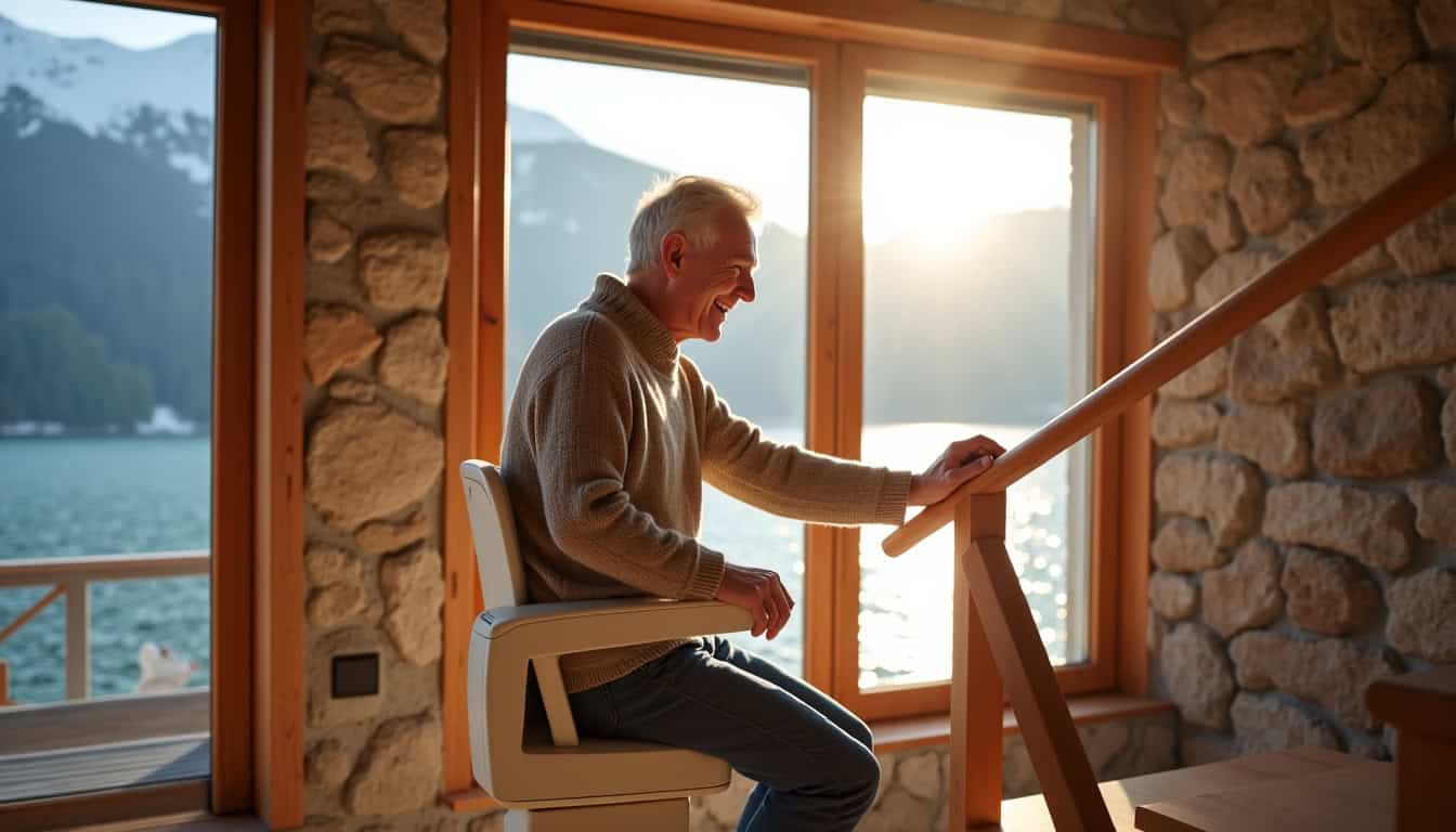 Personne âgée utilisant un monte-escalier dans une maison typique de Sciez avec vue sur le lac Léman