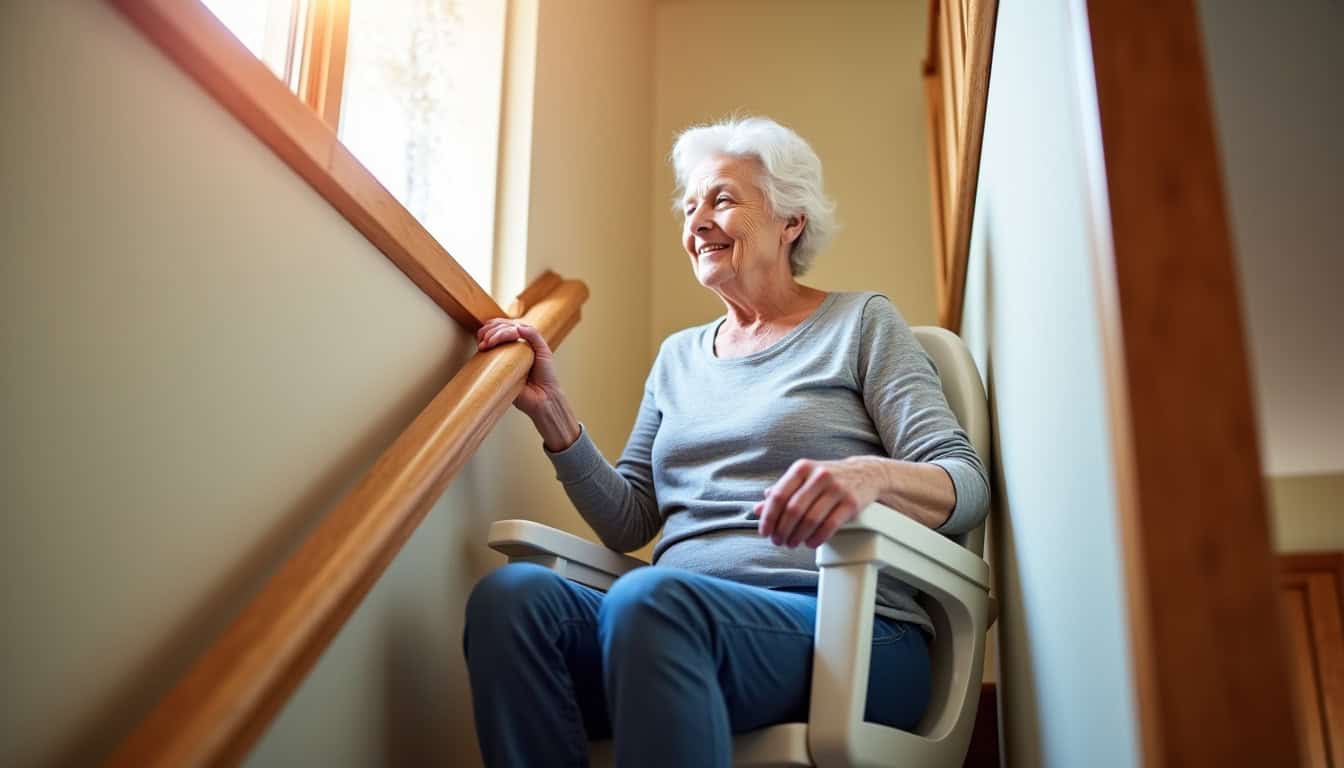 Personne âgée utilisant un monte-escalier en toute sécurité dans sa maison