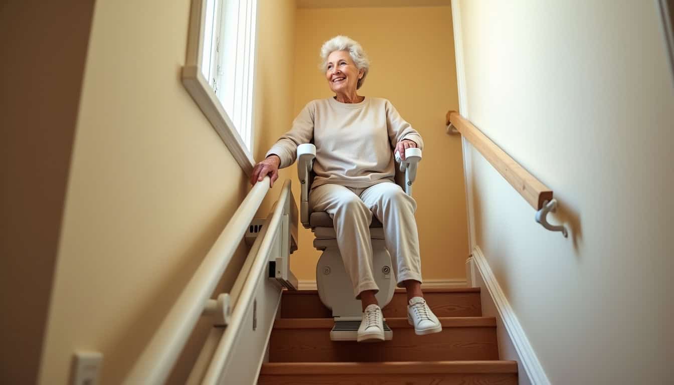 Personne âgée utilisant un monte-escalier intérieur dans une maison