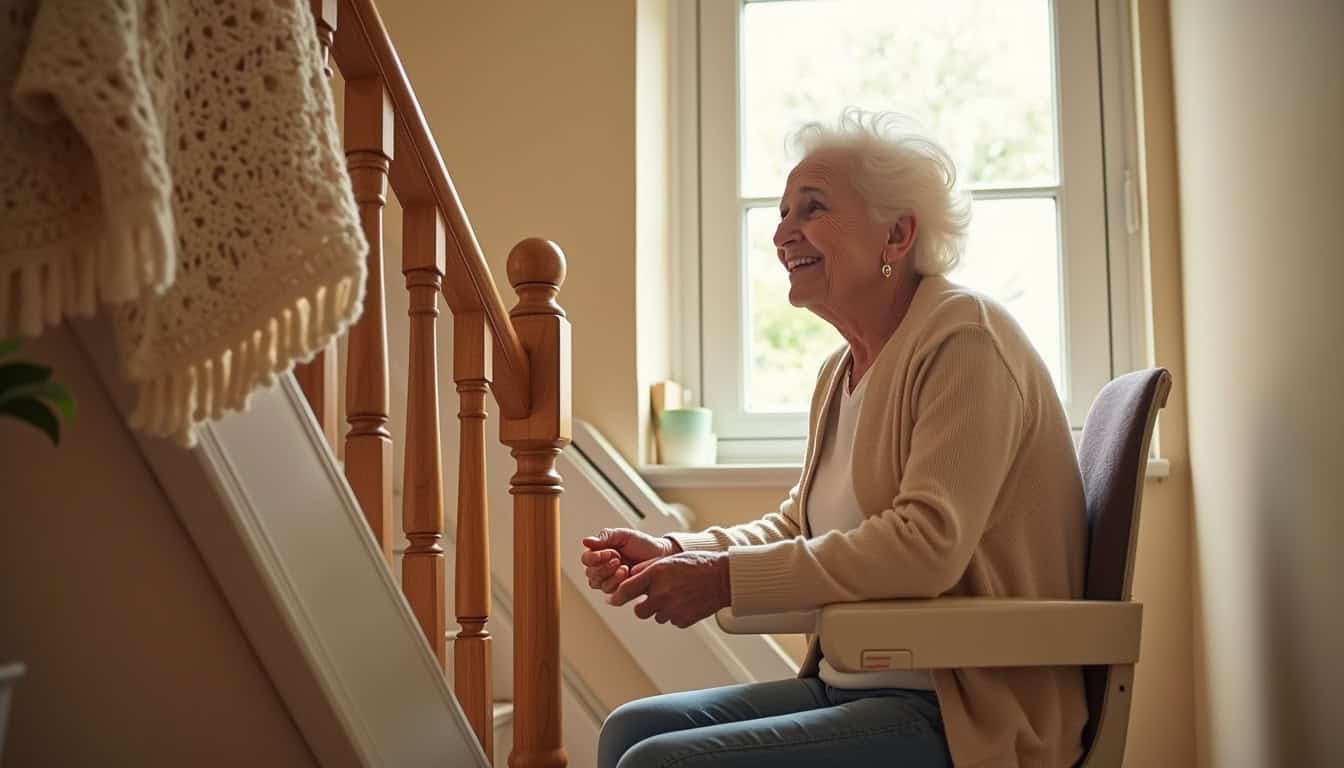 Personne âgée utilisant un monte-escalier tournant dans une maison familiale