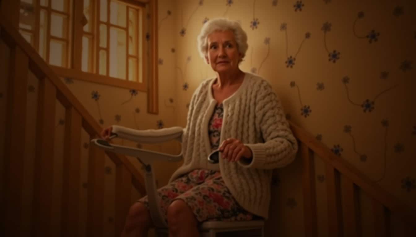 Personne âgée utilisant un siège monte-escalier dans une maison alsacienne