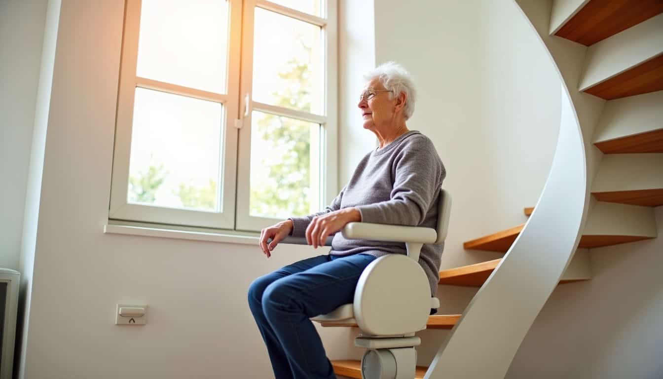Personne testant un monte-escalier tournant à Val de Chaise
