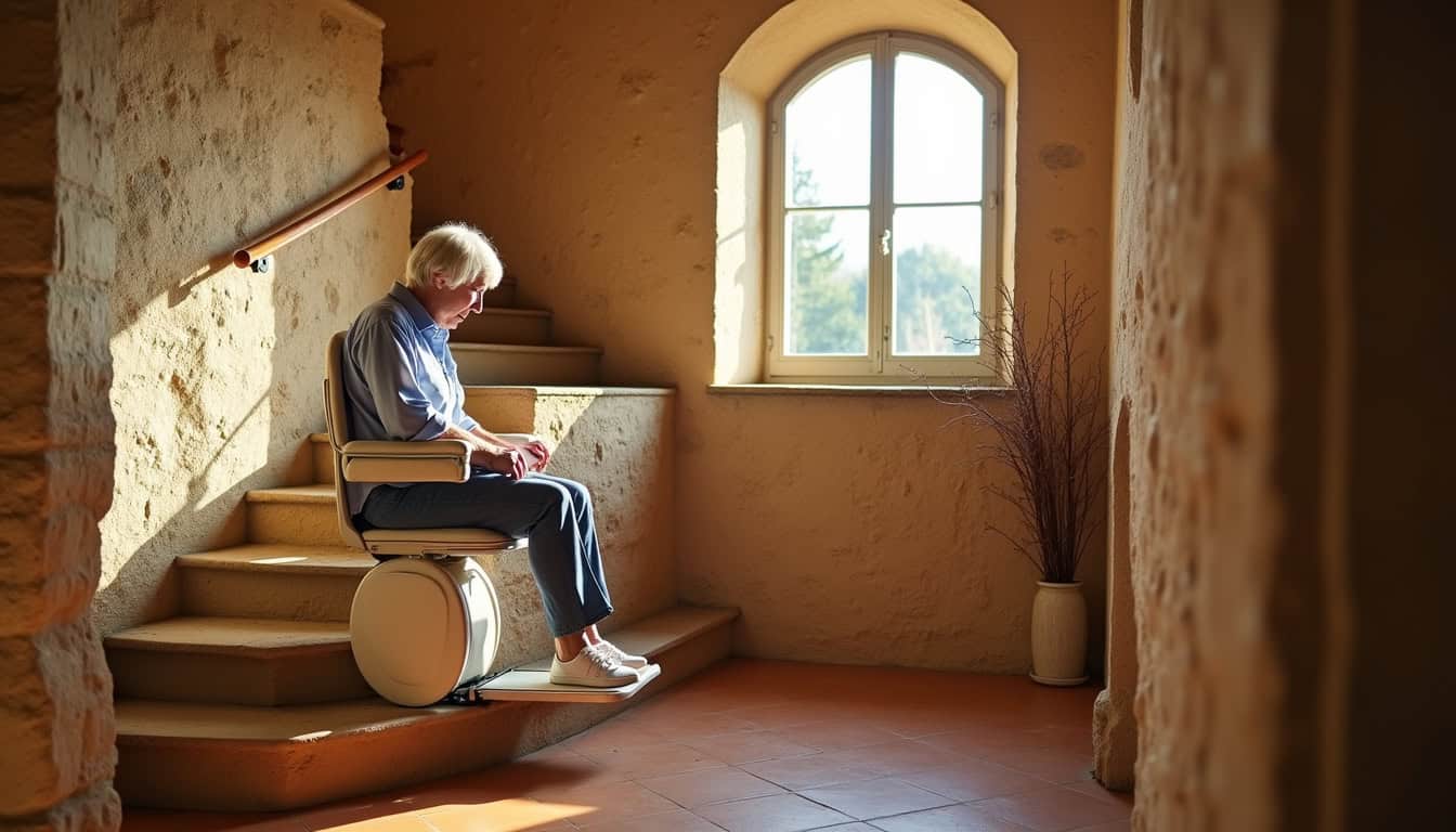 Personne utilisant un monte-escalier assis dans une maison typique de Caderousse, escalier en pierre ancienne