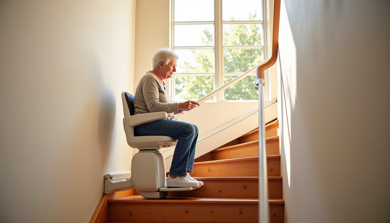 Personne utilisant un monte-escalier dans un escalier intérieur à Flamanville