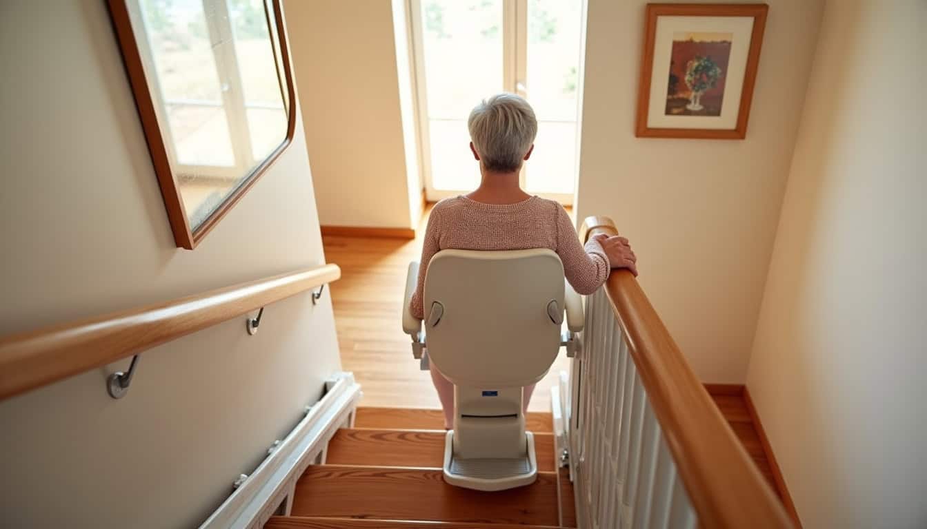 Personne utilisant un monte-escalier dans un intérieur à Saint-Martin-Lalande