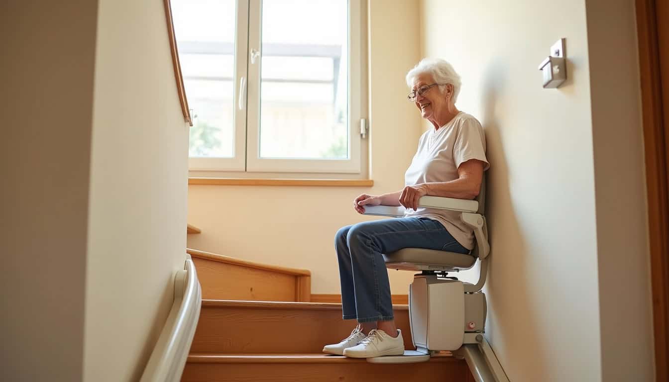 Personne utilisant un monte-escalier dans une maison à Pujols