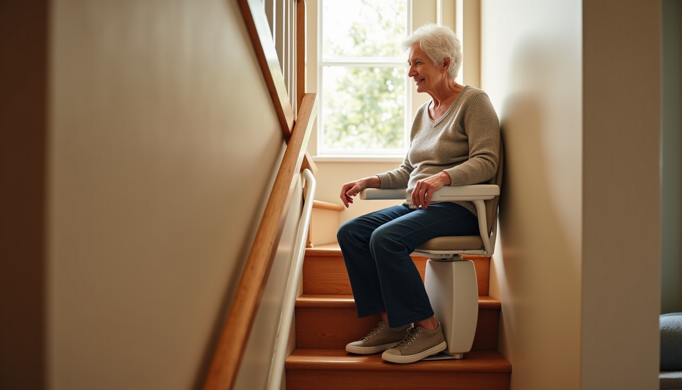 Personne utilisant un monte-escalier dans une maison à Toutainville
