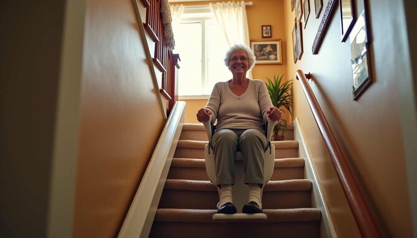 Personne utilisant un monte-escalier dans une maison familiale à Saint-Jean-de-Bournay