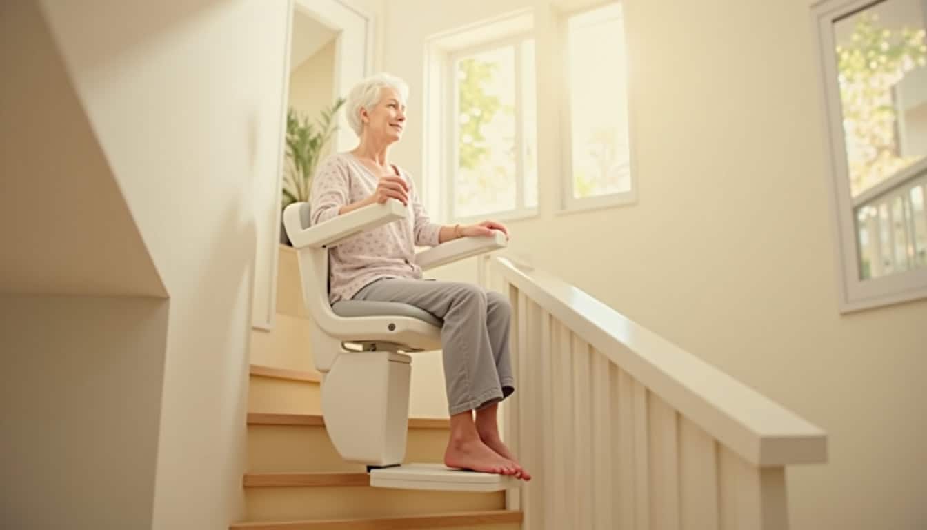 Personne utilisant un monte-escalier loué dans un intérieur moderne