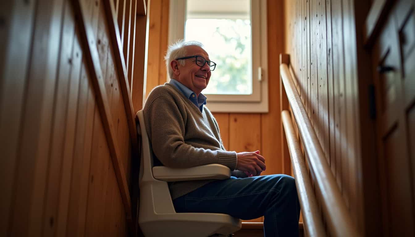 Photo d’un homme âgé utilisant son monte-escalier à Saint-Amand-Montrond