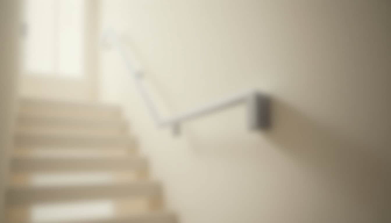Photographie d’un rail escamotable de monte-escalier à bras replié contre le mur, libérant l’accès à l’escalier