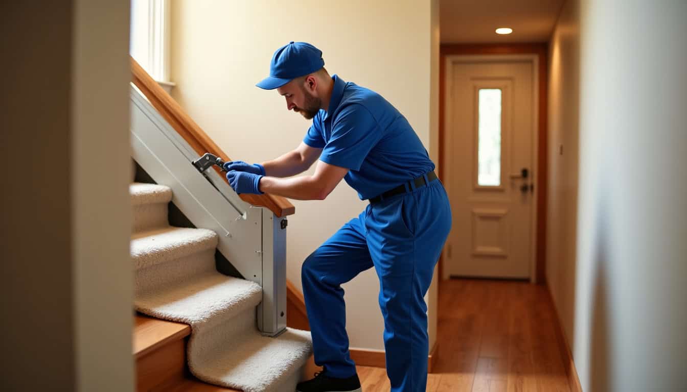 Photographie d’un technicien en train d’installer un monte-escalier sur un escalier
