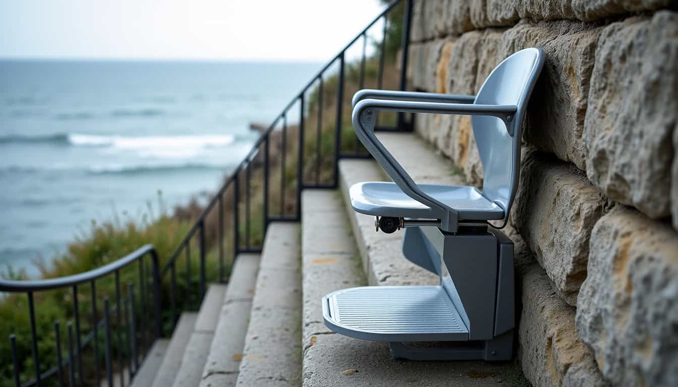 Plateforme élévatrice installée sur un escalier extérieur à Saint-Palais-sur-Mer