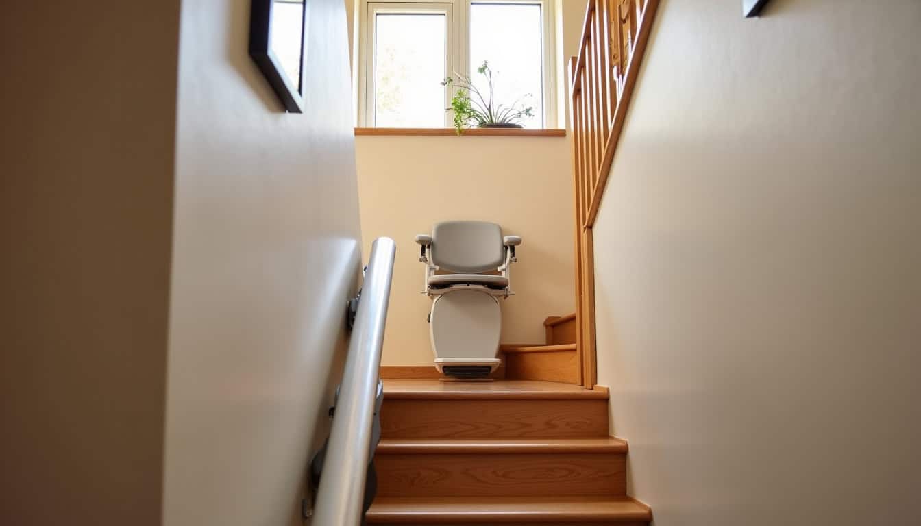 Plateforme monte-escalier installée dans une maison de Drocourt, vue de côté