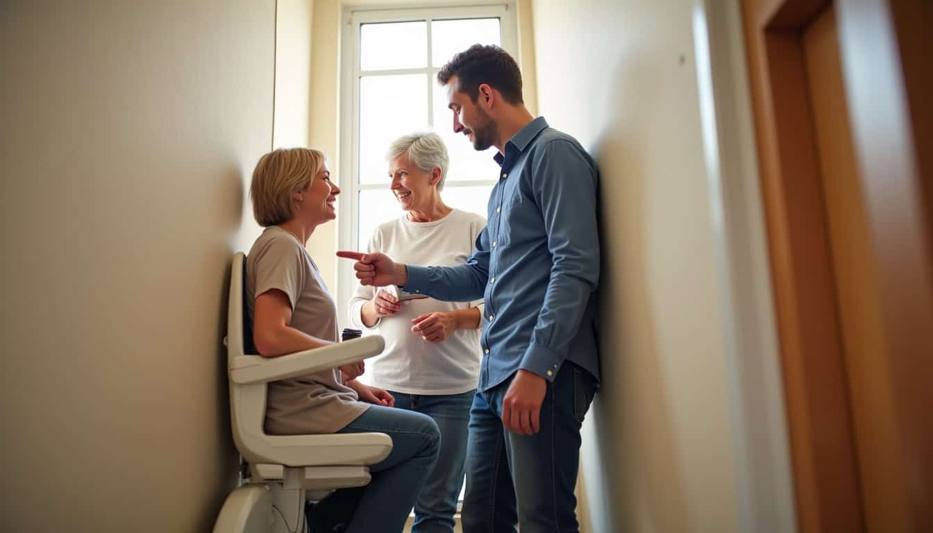 Point conseil monte-escalier à Beauvais avec un client et un technicien