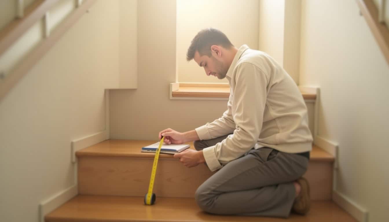 Professionnel en train de mesurer un escalier à Avon pour une installation de monte-escalier, avec un mètre et un cahier de notes