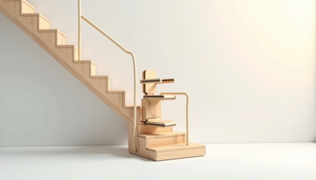 Schéma de fonctionnement d’un monte-escalier avec rail fixé sur les marches et siège motorisé en déplacement
