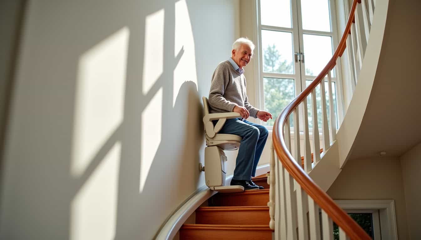 Senior utilisant un monte-escalier dans un logement à Orléans avec satisfaction