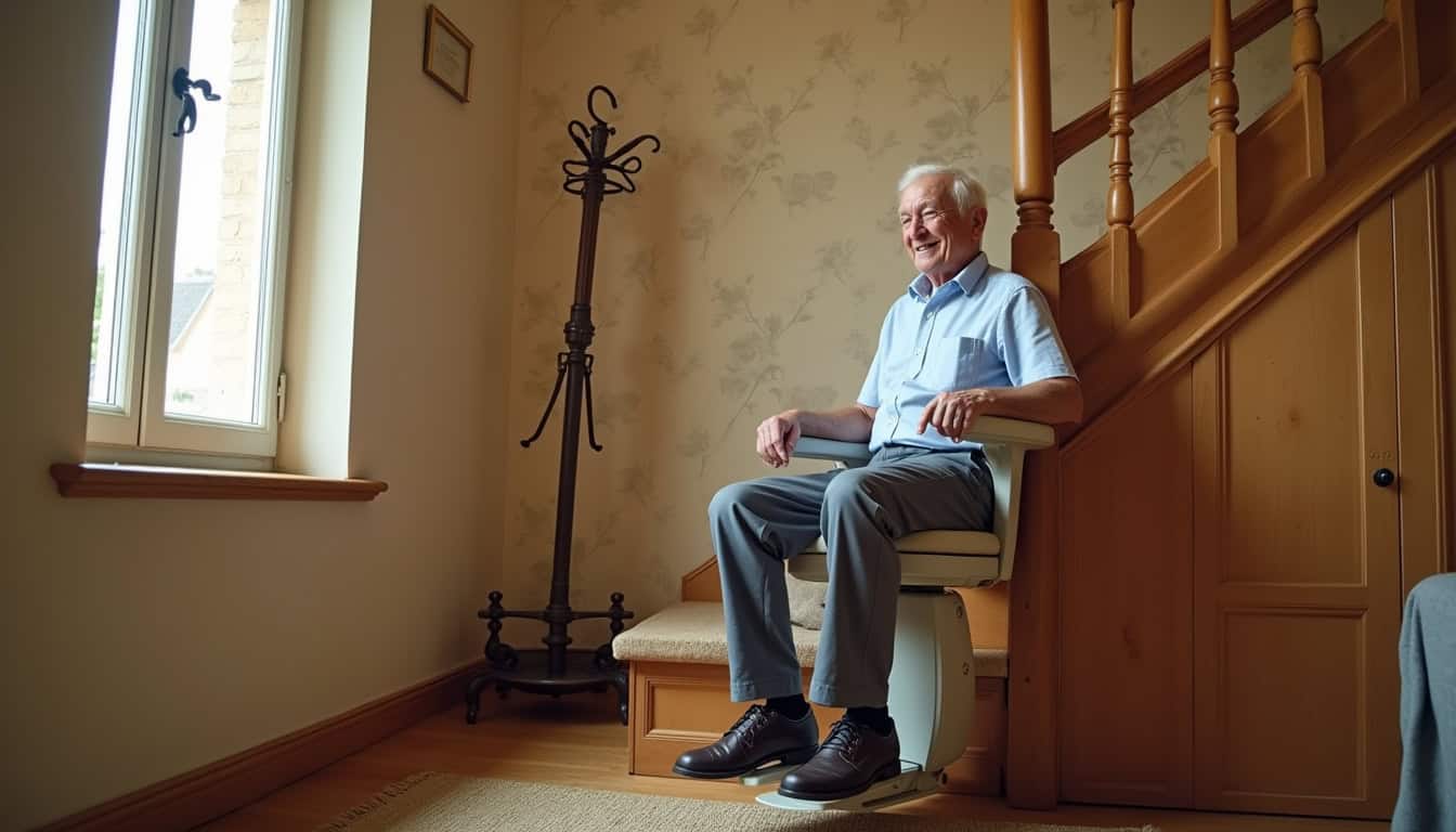 Senior utilisant un monte-escalier dans une maison typique de Rouillac