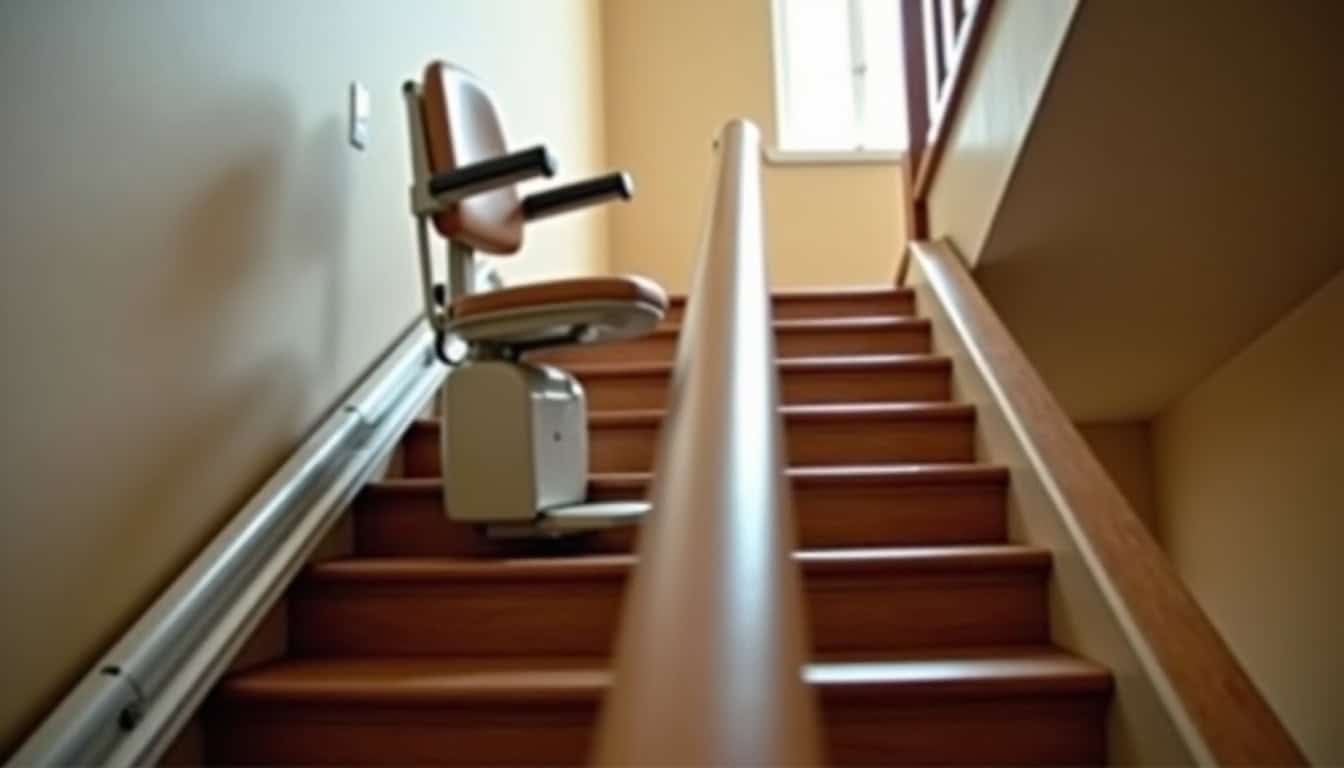 Siège de monte-escalier en cours de fonctionnement à l’intérieur d’un escalier à Brienne-le-Château