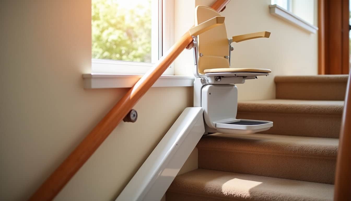 Siège de monte-escalier installé sur un escalier intérieur dans une maison à Tonquédec
